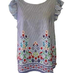 Emery Rose Women Top Blouse Sz 2XL Floral White Blue Striped Boho Light Casual